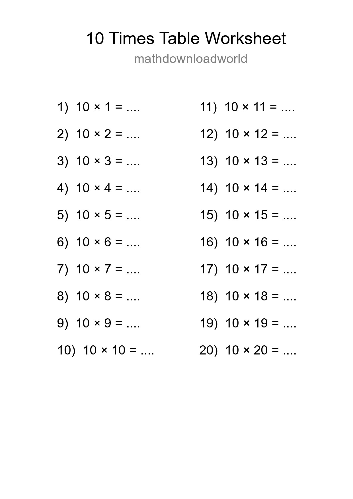Printable 10 Times Table Worksheet For Grade 3 - Part 174