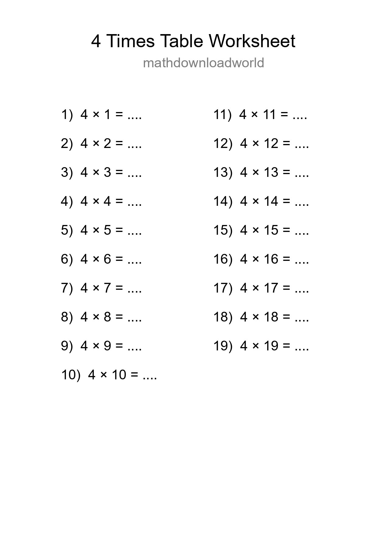 Printable 4 Times Table Worksheet For Grade 2 - Part 97