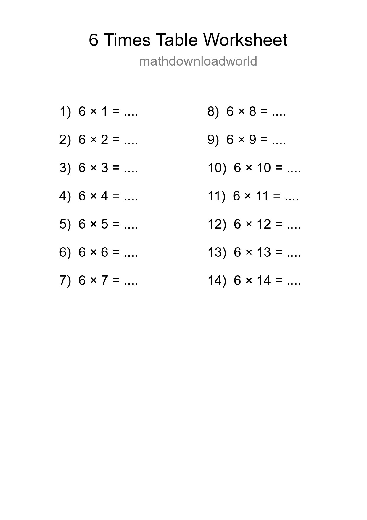 Printable 6 Times Table Worksheet For Grade 3 - Part 119