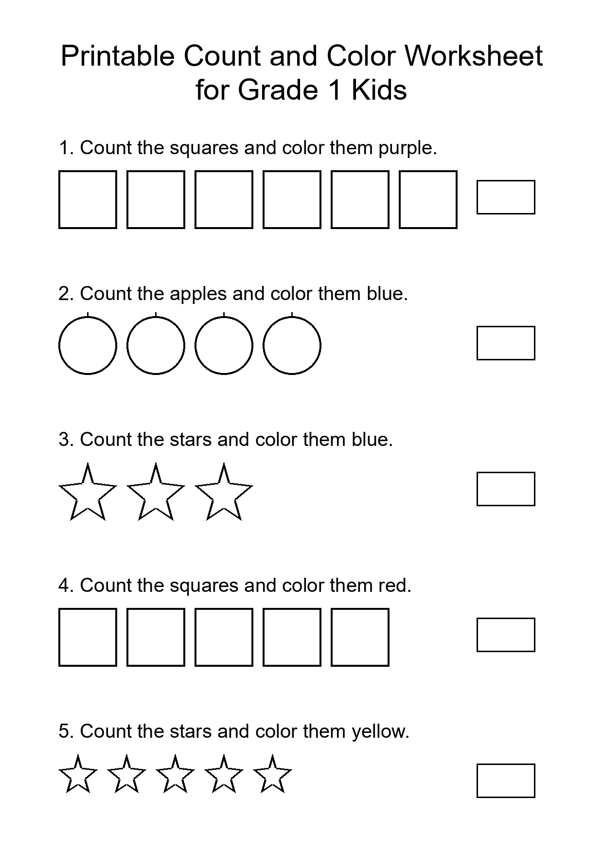 Printable Count and Color Worksheet for Grade 1 Kids