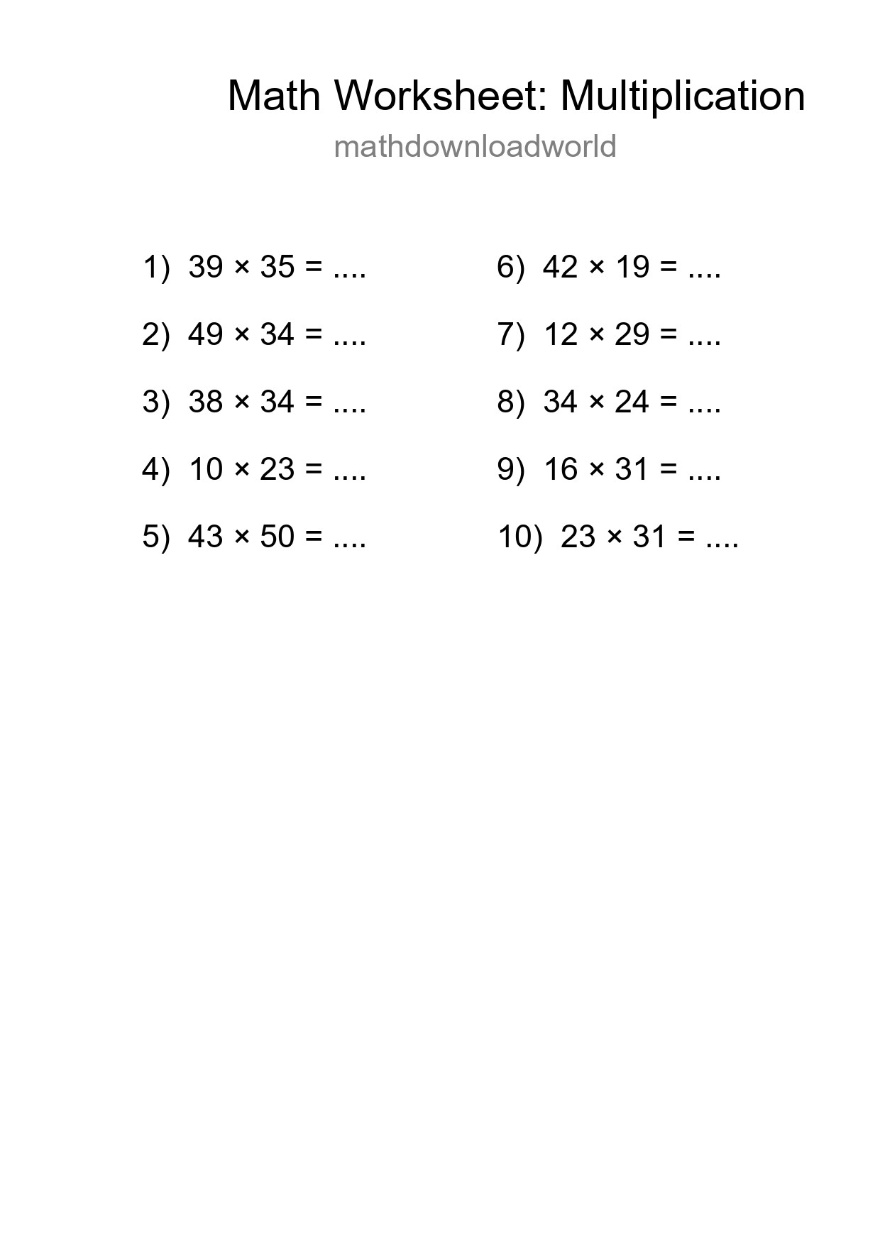 Printable Free 10 Multiplication Math Worksheet For Grade 2 - Part 150