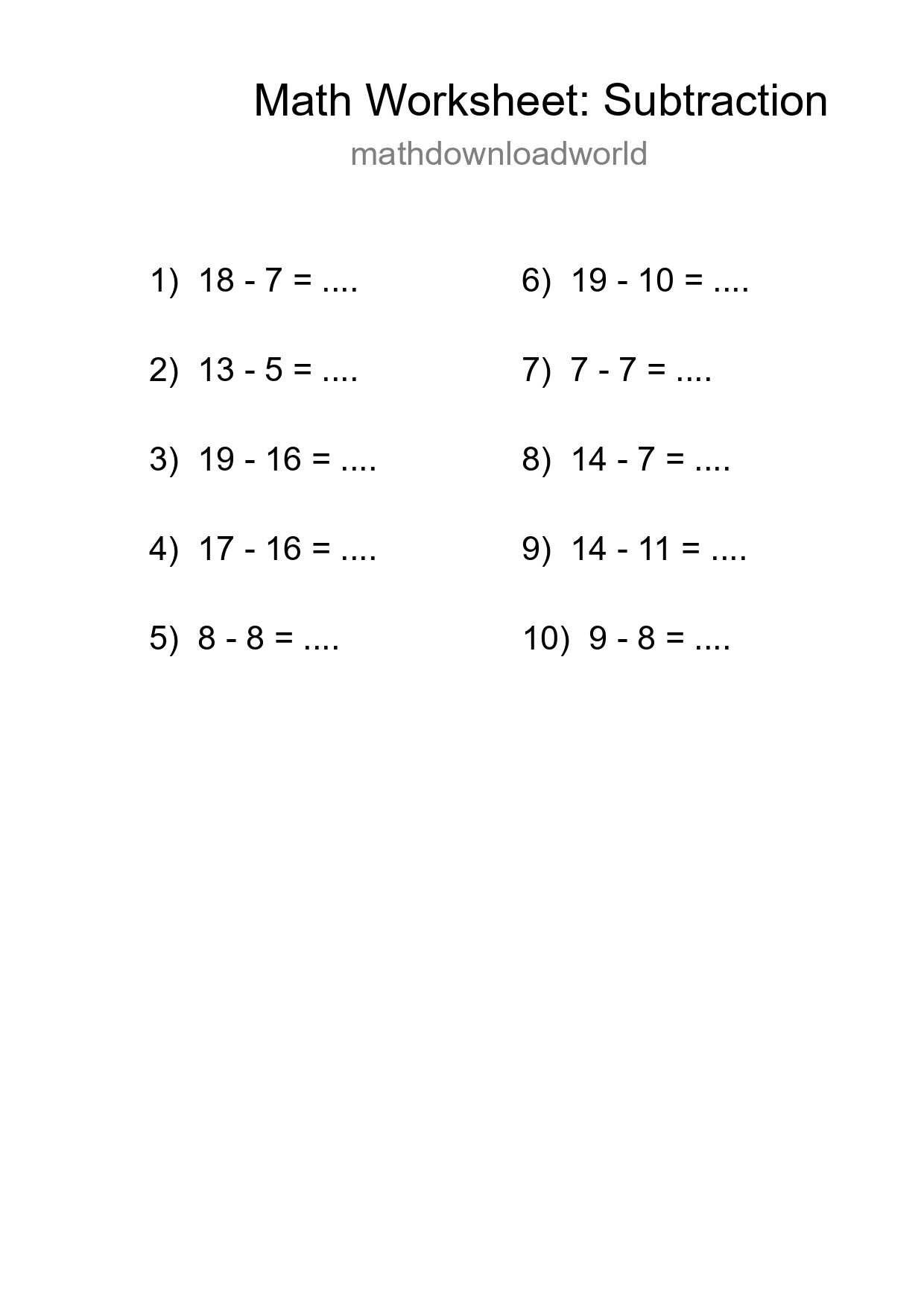 Printable Free 10 Subtraction Math Worksheet For Grade 2 - Part 63