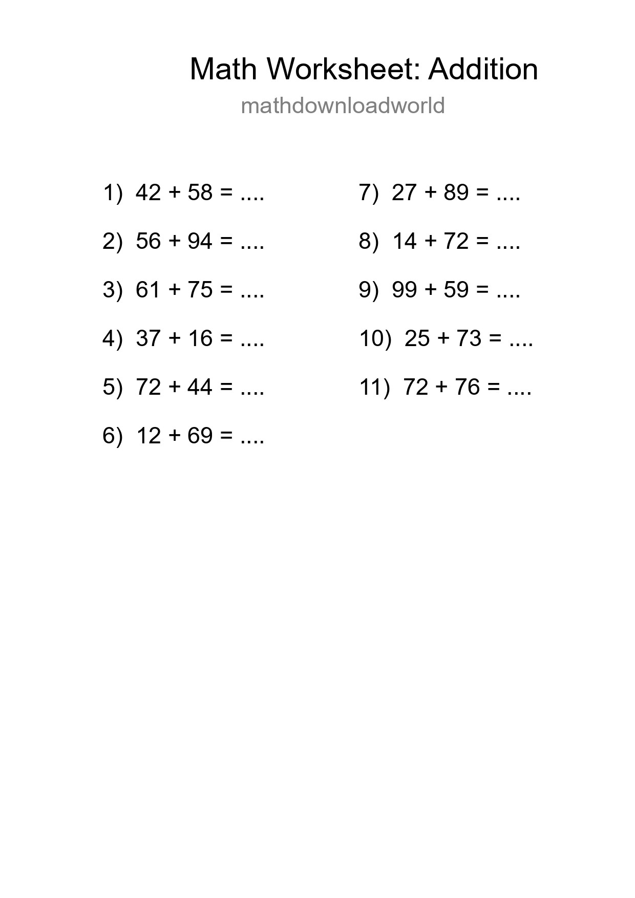 Printable Free 11 Addition Math Worksheet For Grade 3 - Part 78