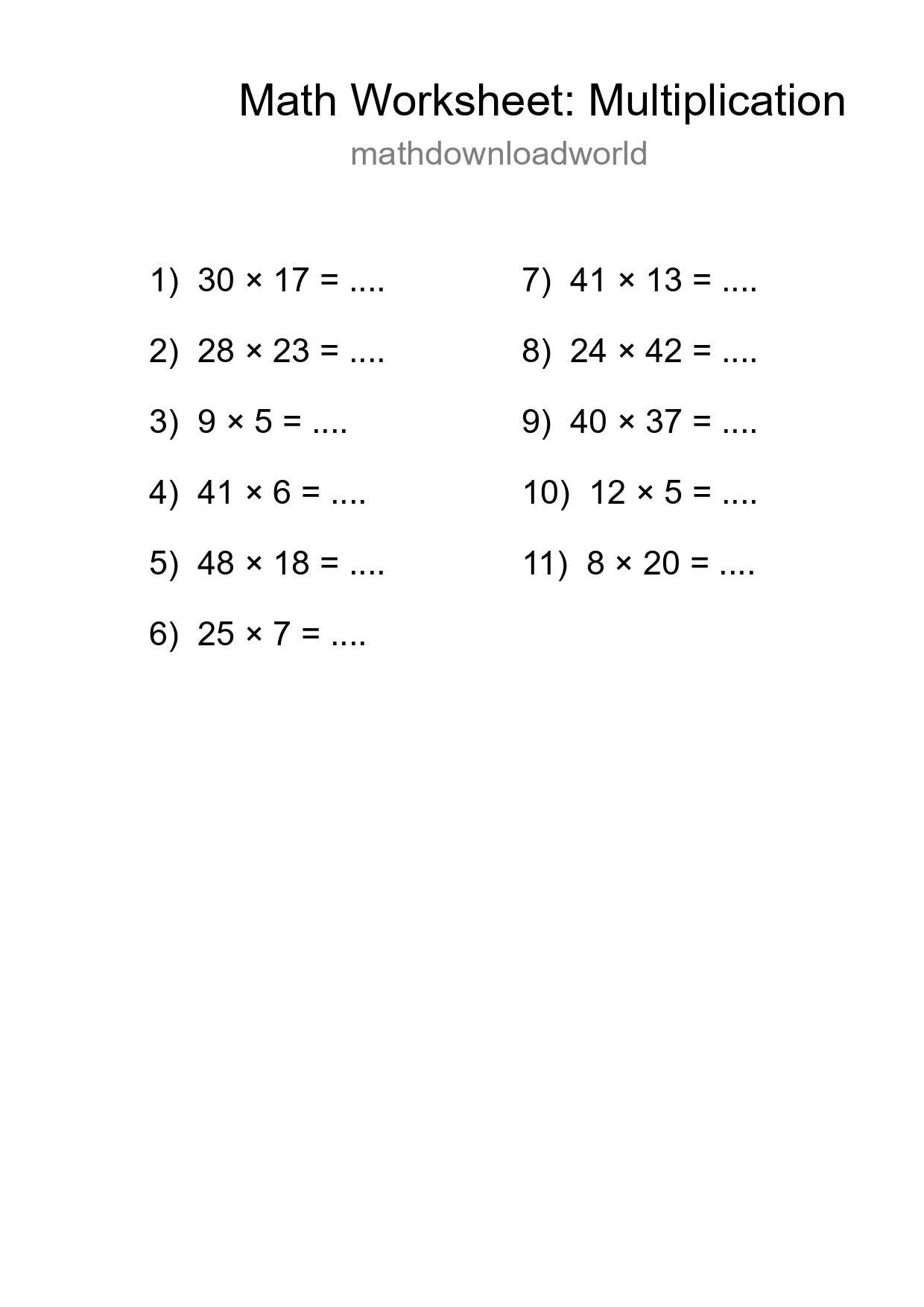 Printable Free 11 Multiplication Math Worksheet For Grade 2 - Part 7
