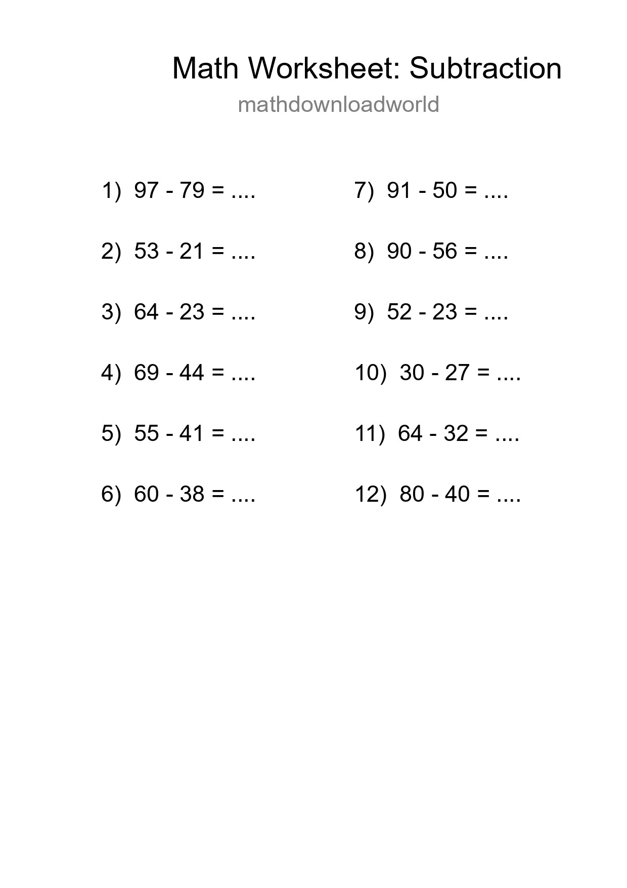 Printable Free 12 Subtraction Math Worksheet For Grade 3 - Part 41