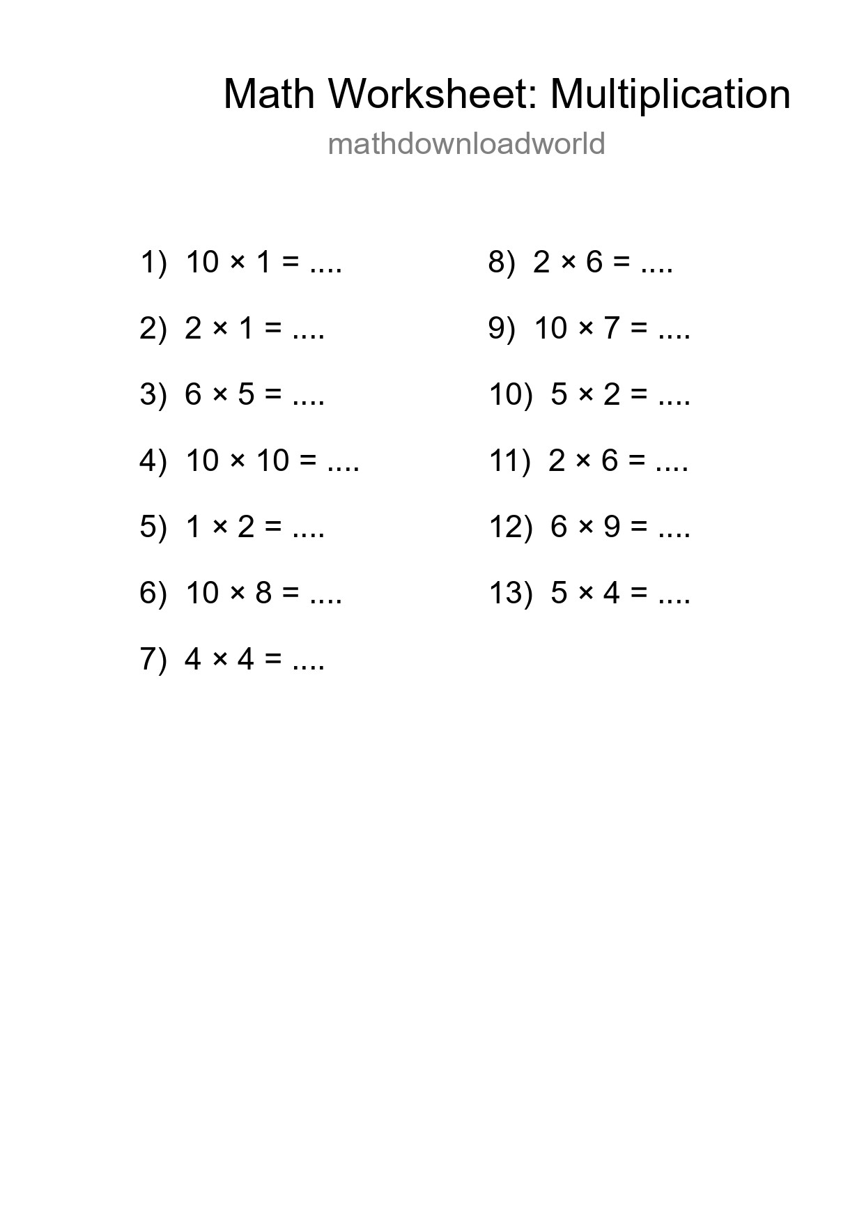 Printable Free 13 Multiplication Math Worksheet For Grade 1 - Part 95