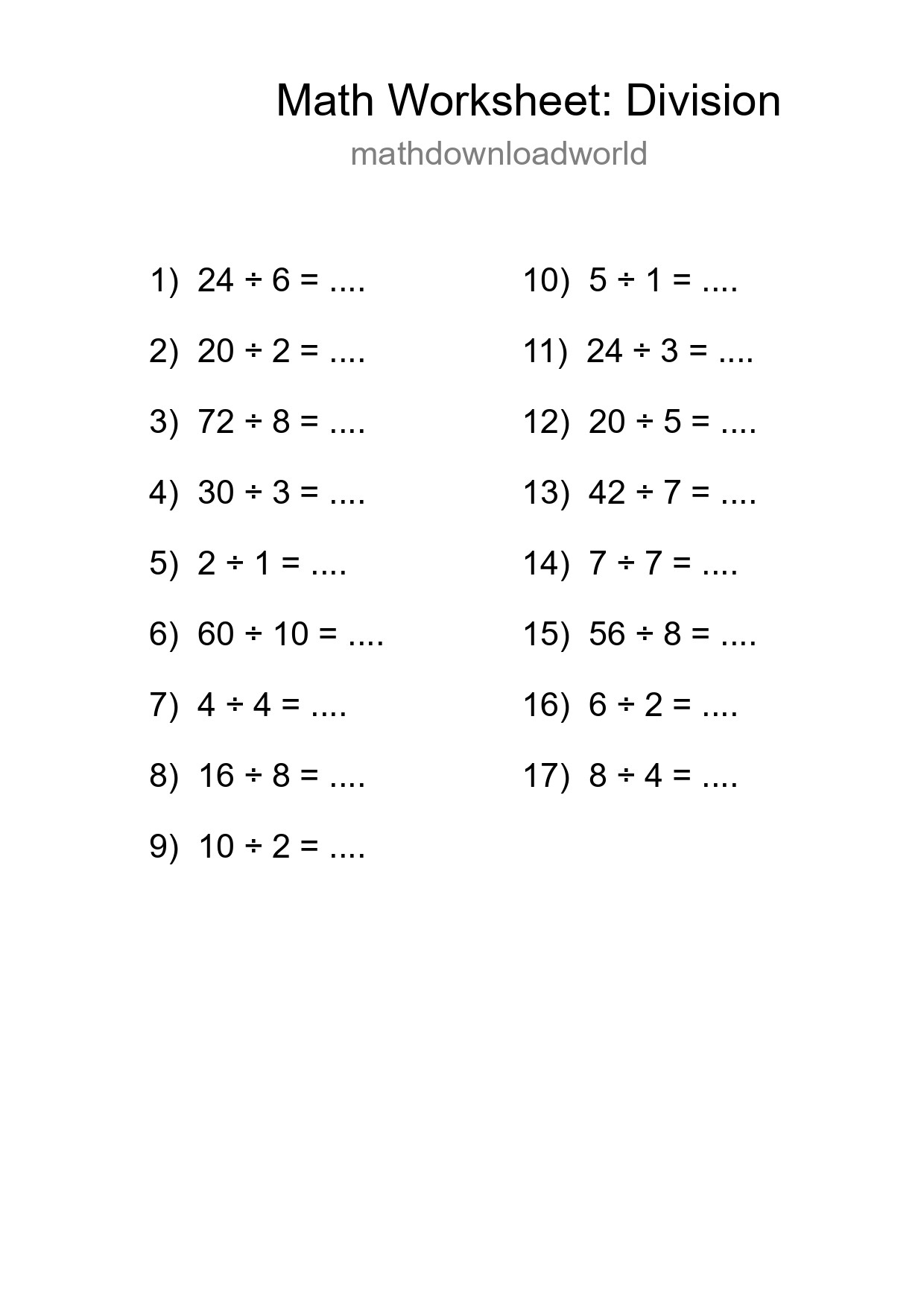 Printable Free 17 Division Math Worksheet For Grade 1 - Part 158
