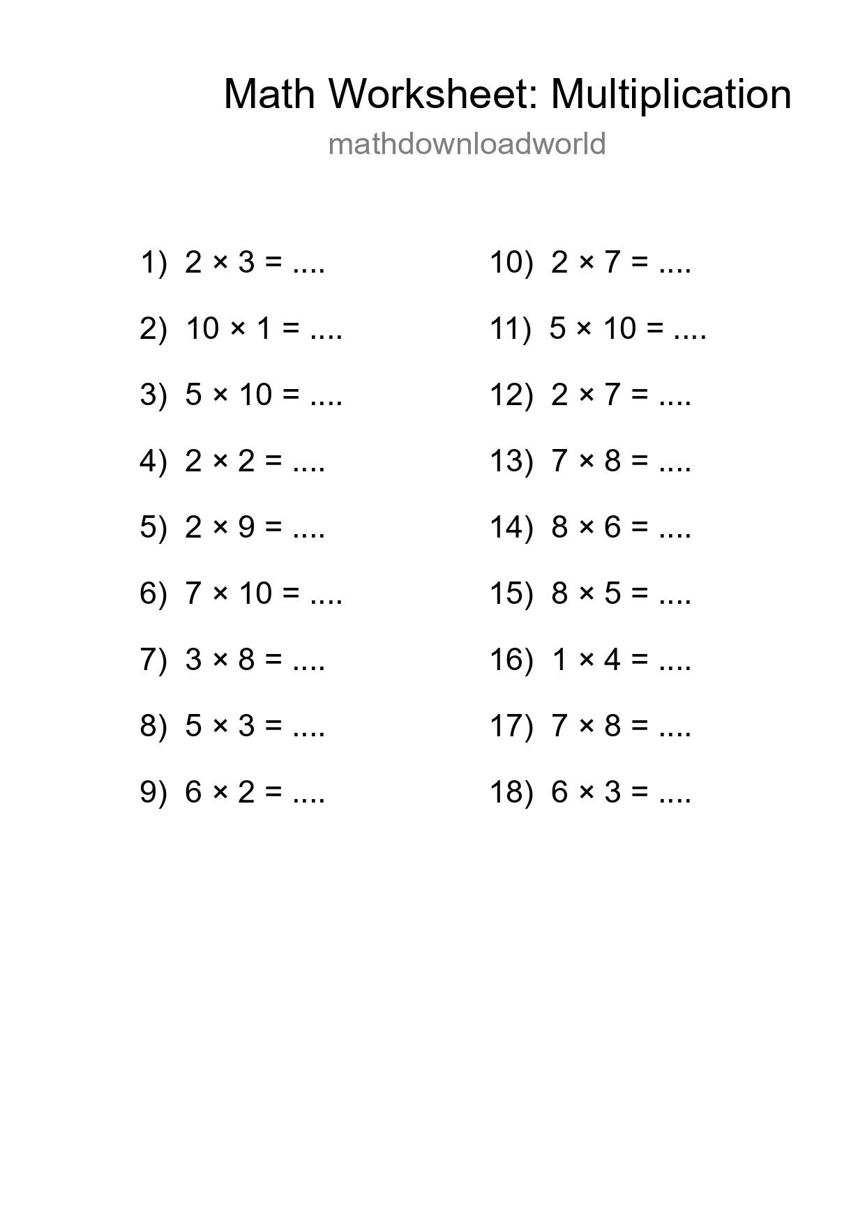 Printable Free 18 Multiplication Math Worksheet For Grade 1 - Part 128