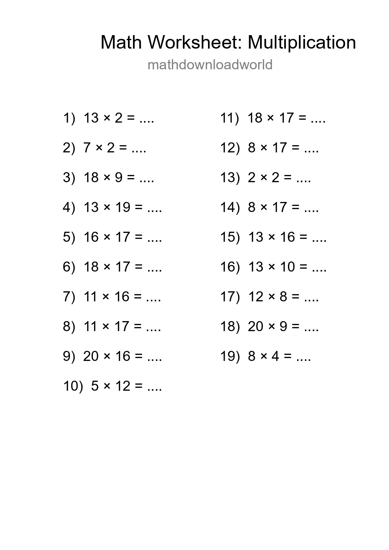 Printable Free 19 Multiplication Math Worksheet For Grade 2 - Part 249