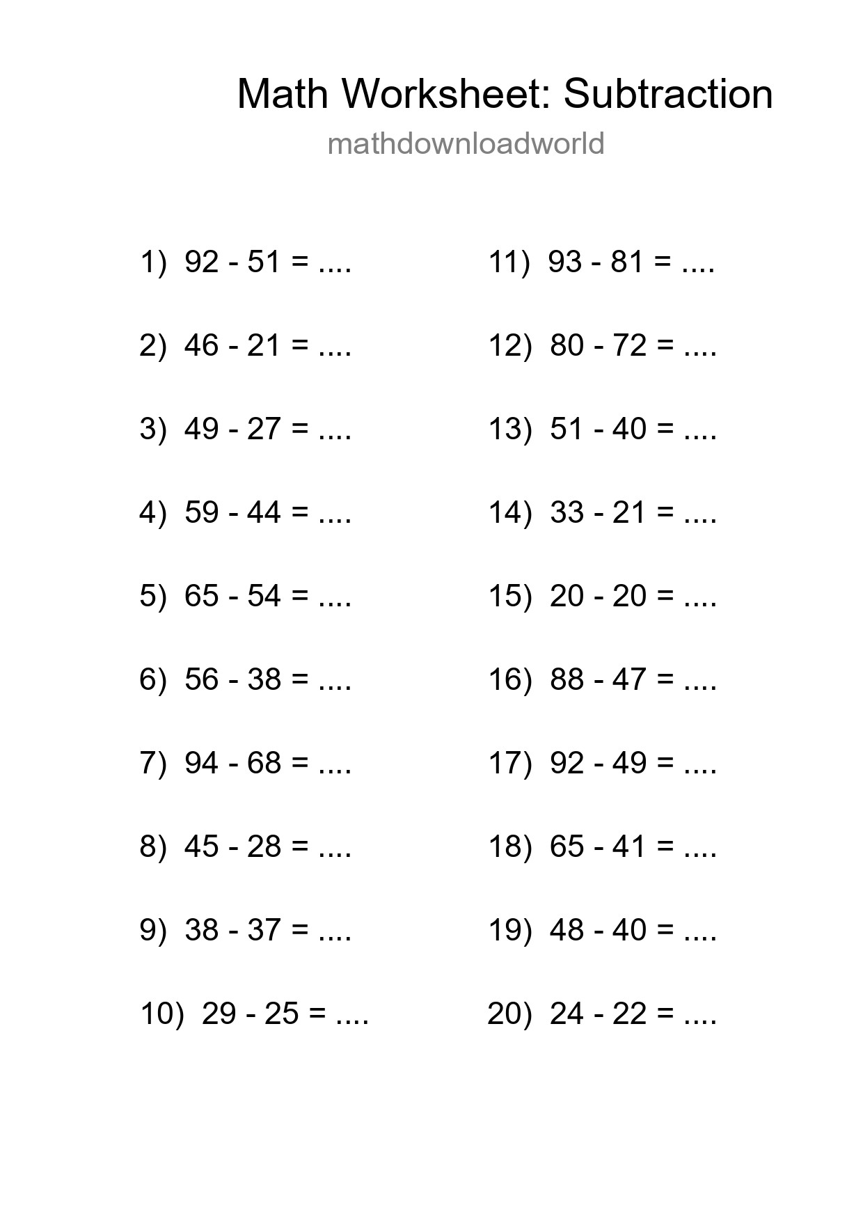Printable Free 20 Subtraction Math Worksheet For Grade 3 - Part 217