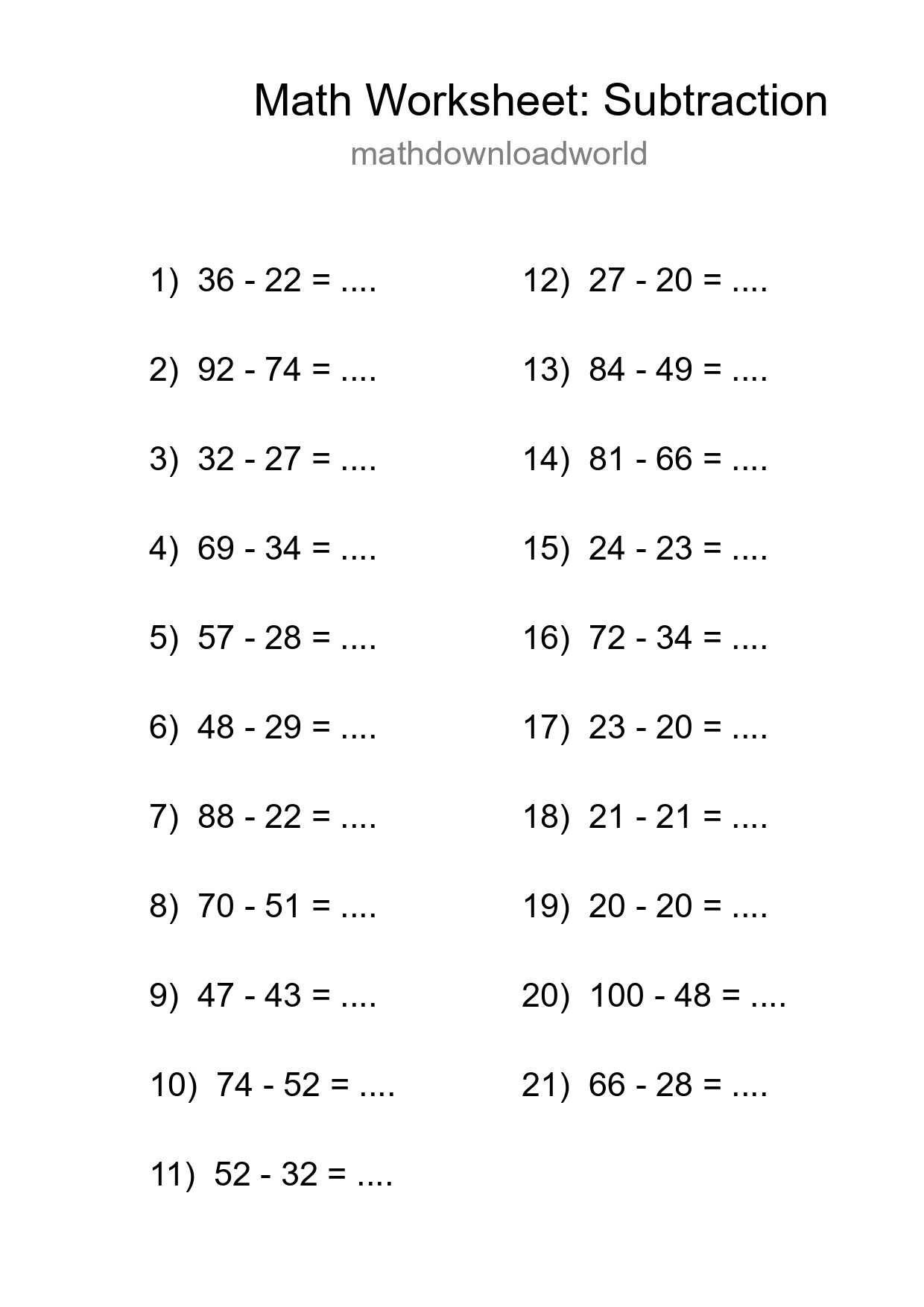 Printable Free 21 Subtraction Math Worksheet For Grade 3 - Part 85