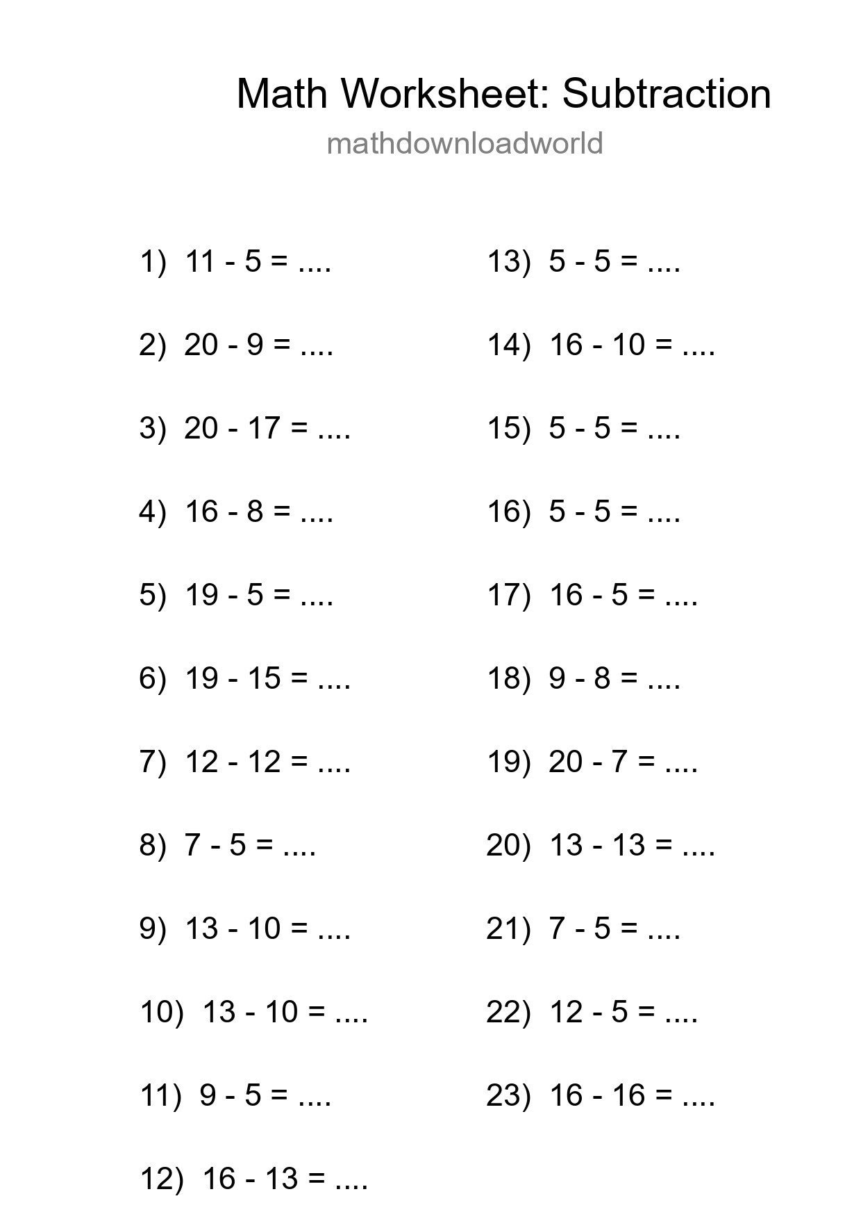 Printable Free 23 Subtraction Math Worksheet For Grade 2 - Part 162
