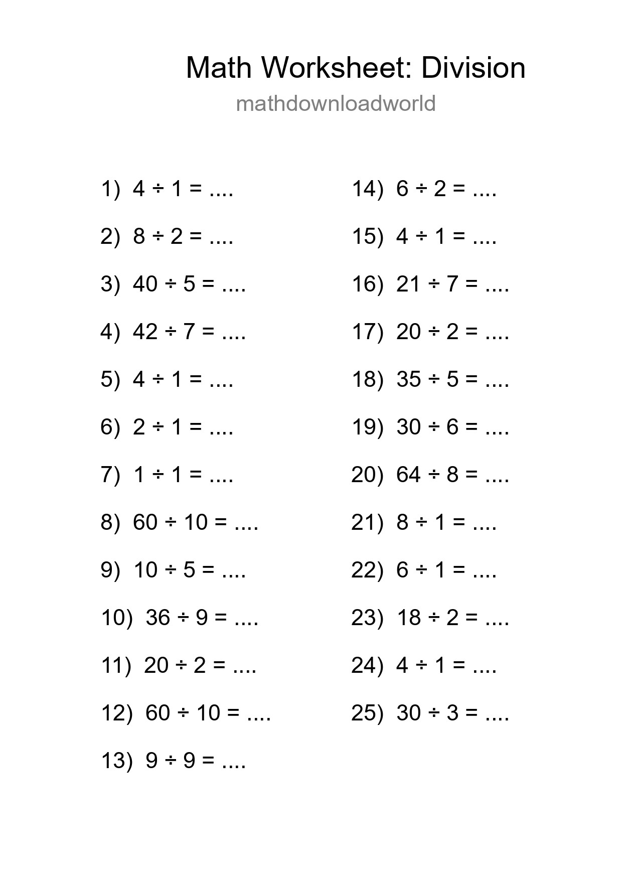 Printable Free 25 Division Math Worksheet For Grade 1 - Part 279