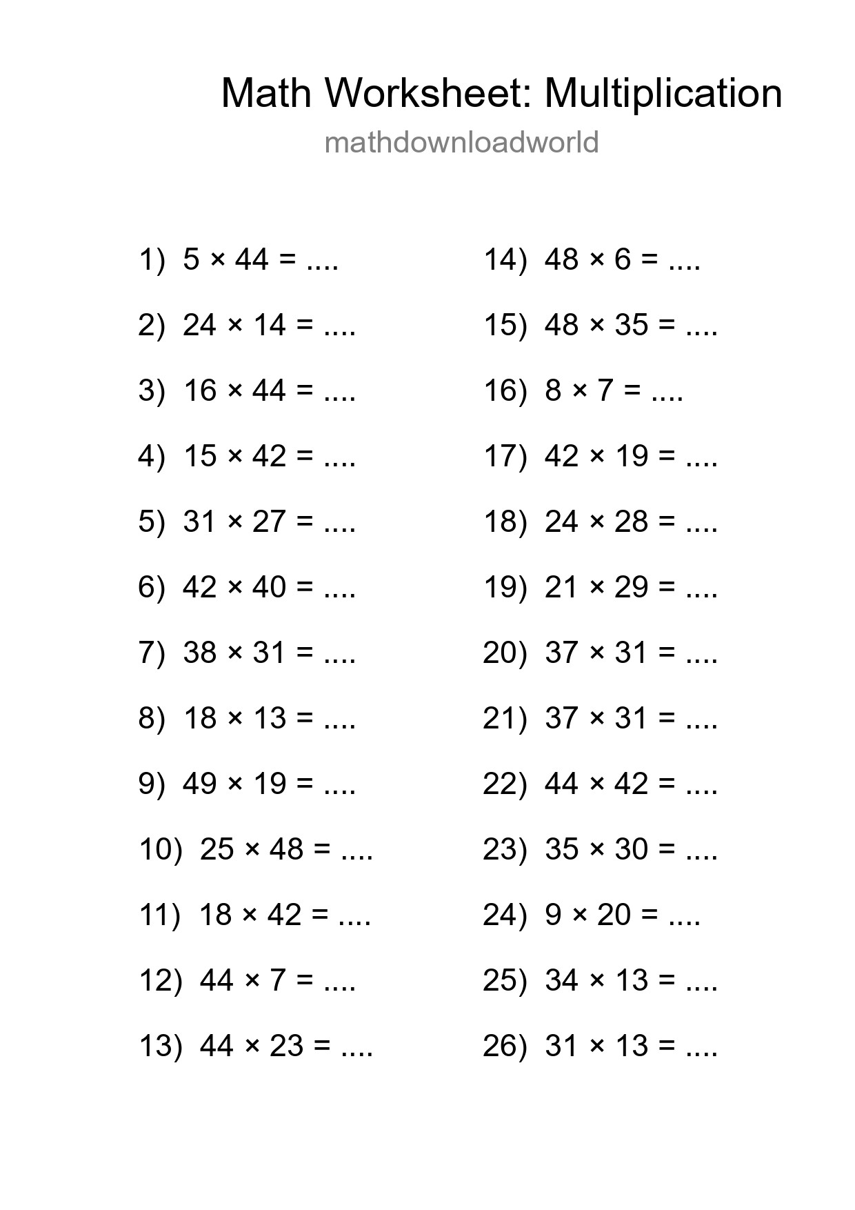 Printable Free 26 Multiplication Math Worksheet For Grade 2 - Part 216