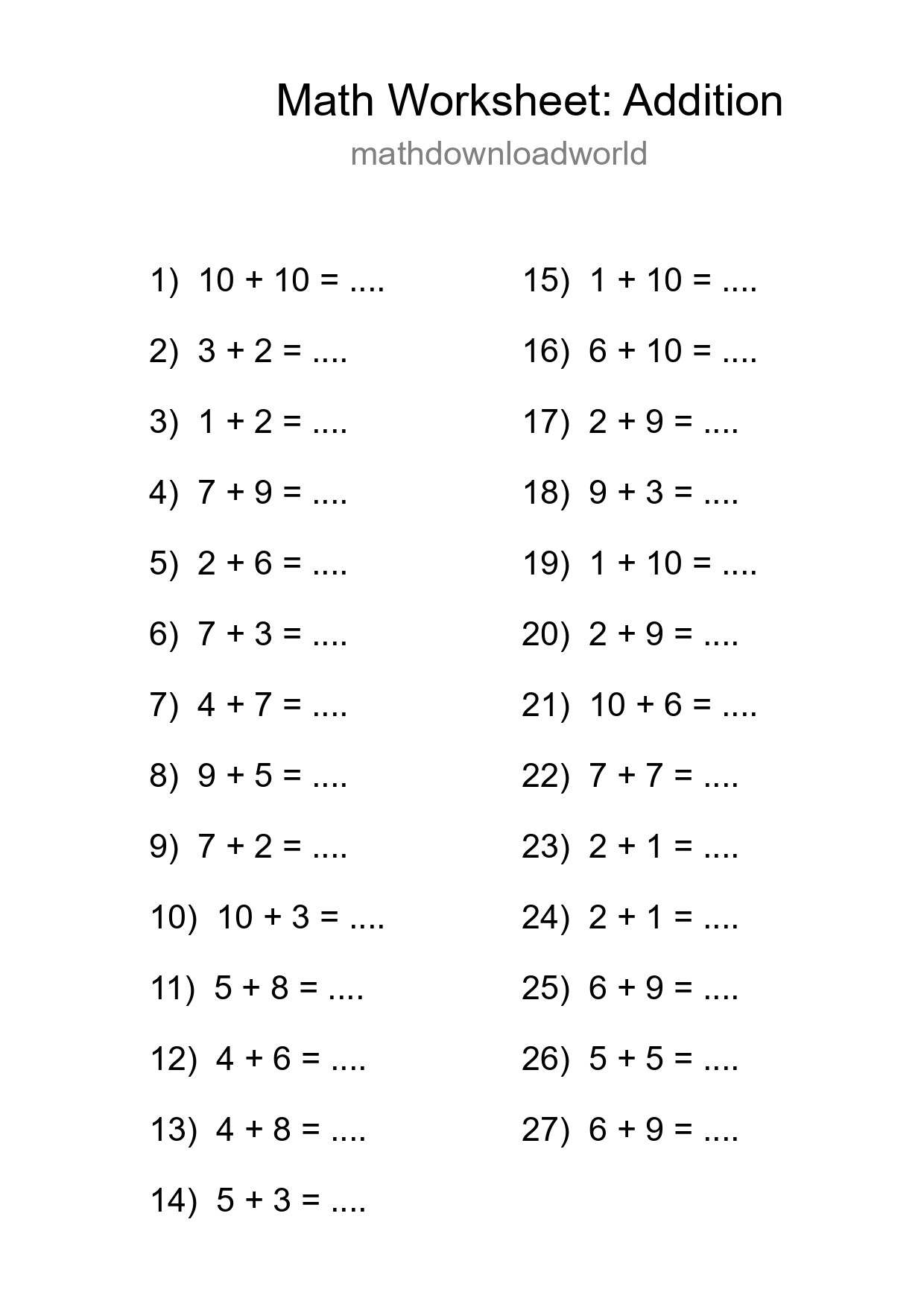 Printable Free 27 Addition Math Worksheet For Grade 1 - Part 45