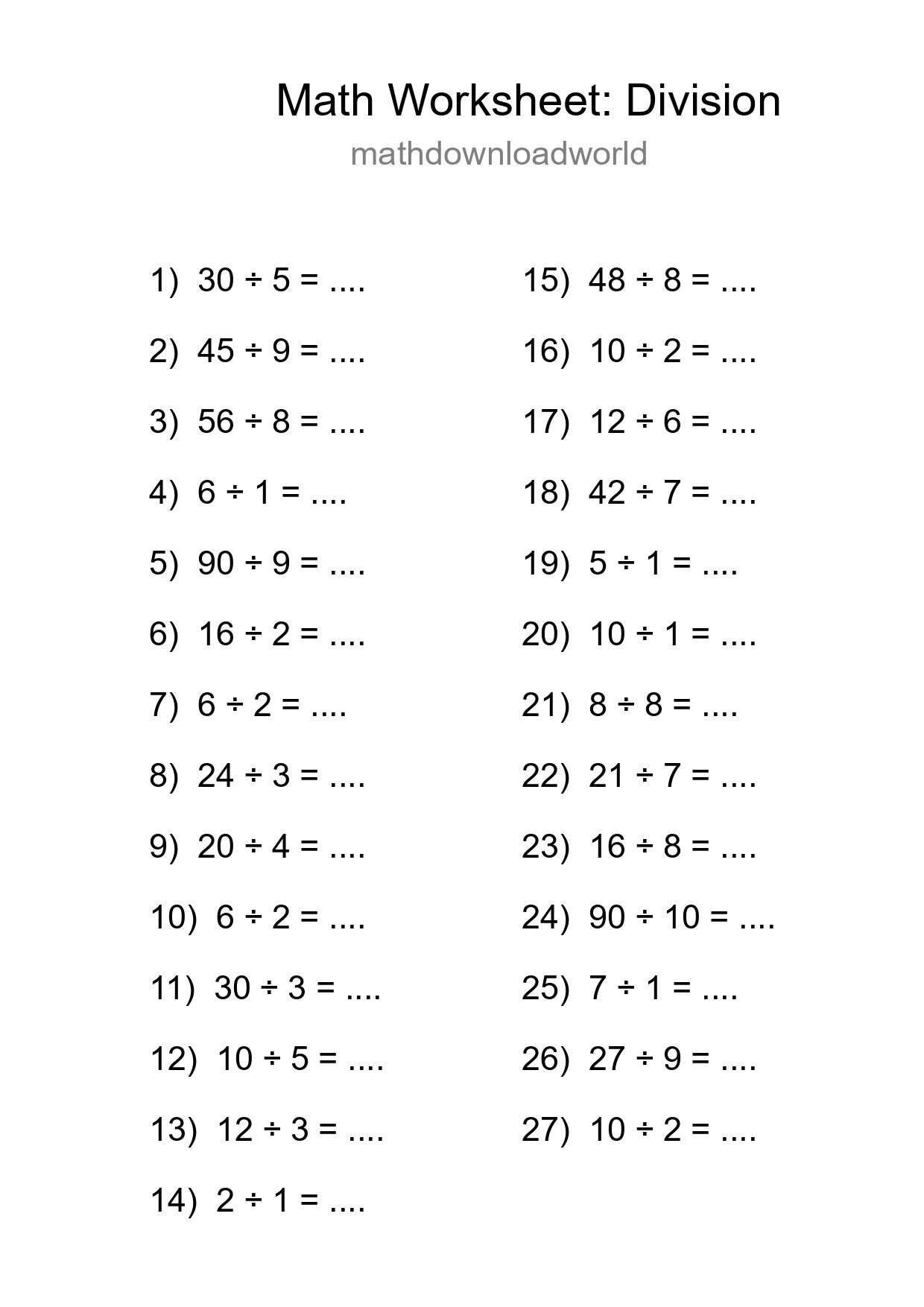 Printable Free 27 Division Math Worksheet For Grade 1 - Part 81