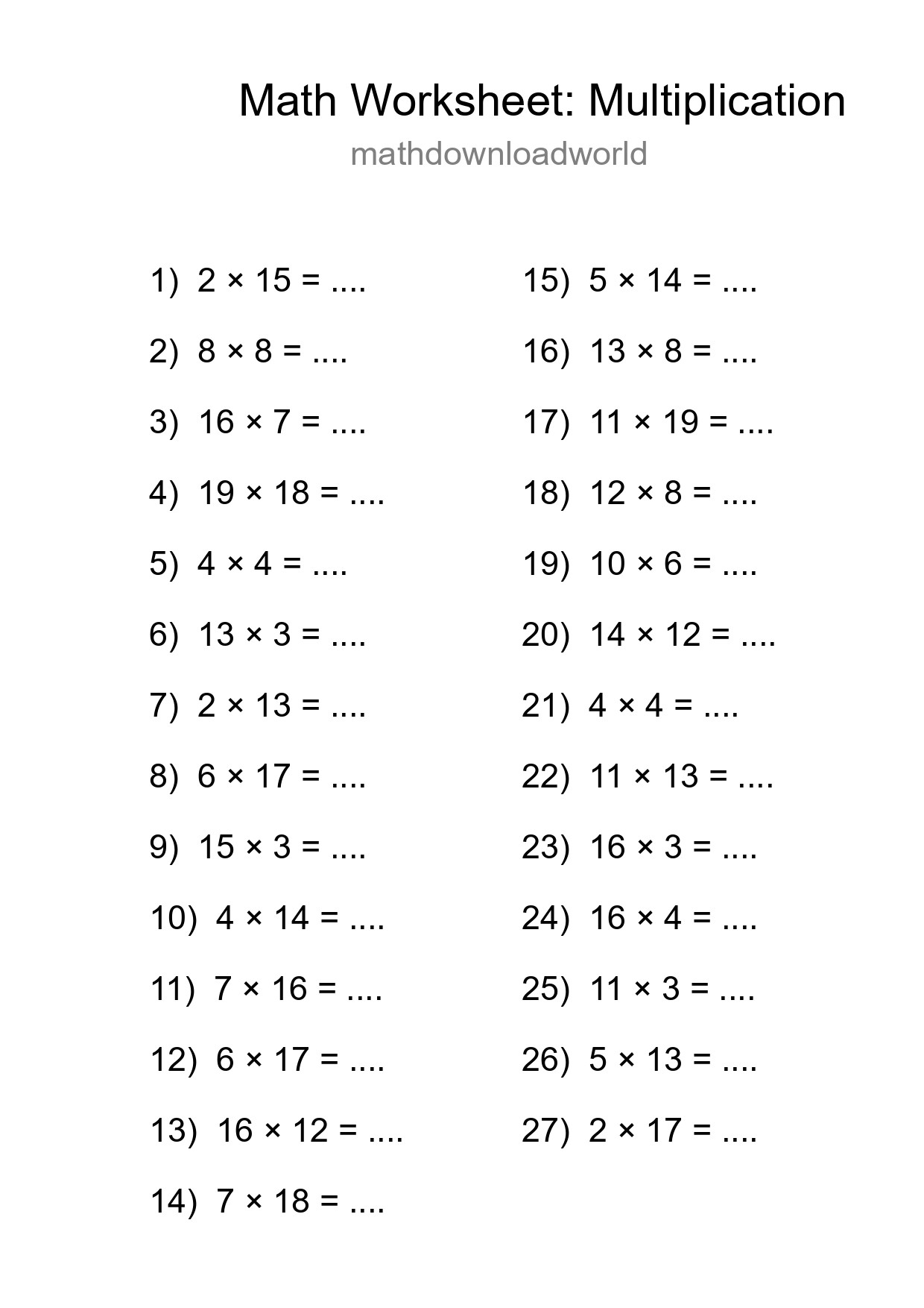 Printable Free 27 Multiplication Math Worksheet For Grade 2 - Part 194