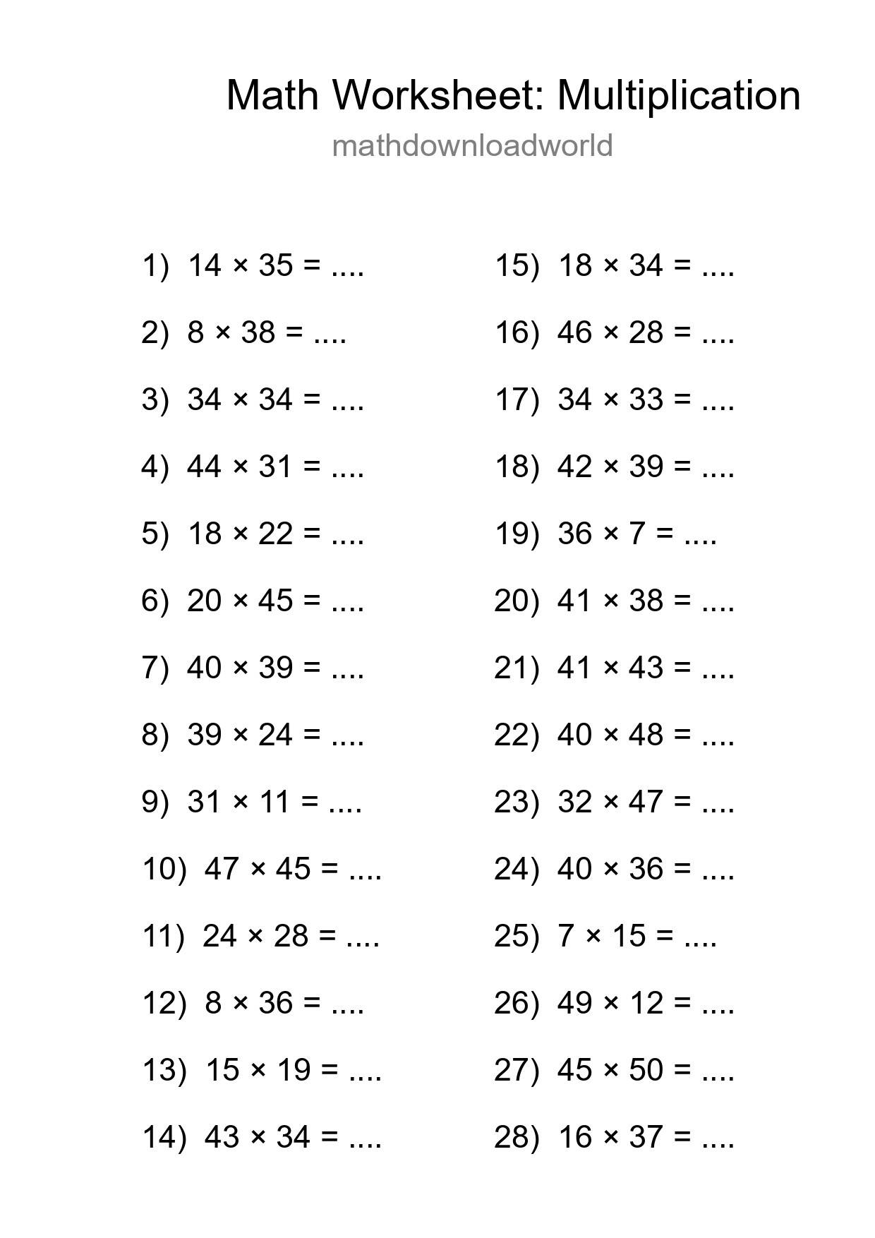Printable Free 28 Multiplication Math Worksheet For Grade 2 - Part 62
