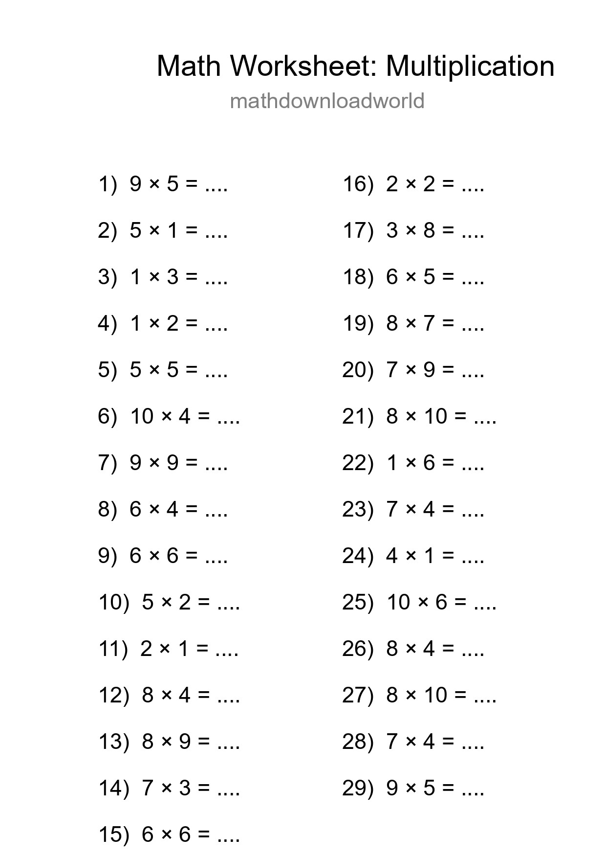 Printable Free 29 Multiplication Math Worksheet For Grade 1 - Part 106