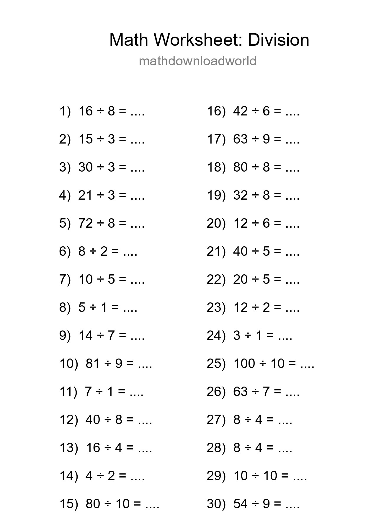 Printable Free 30 Division Math Worksheet For Grade 1 - Part 114